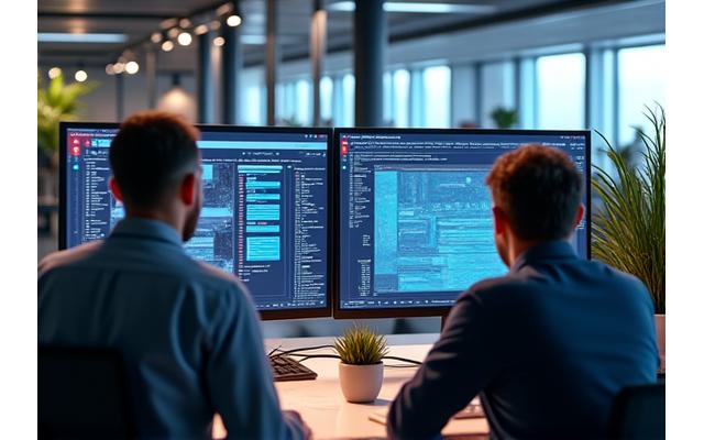 Team of software developers collaborating on a unique custom application interface, illustrating bespoke software development.