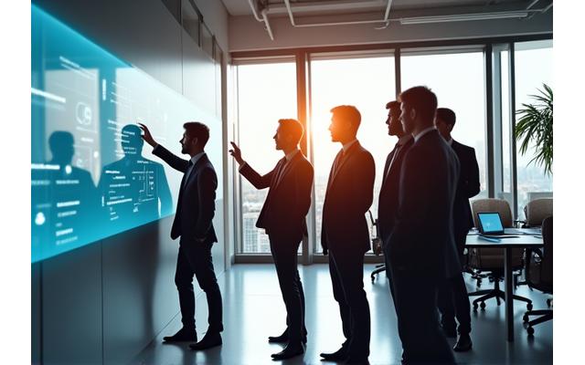 Business professionals discussing digital transformation strategies with a whiteboard in a modern office.